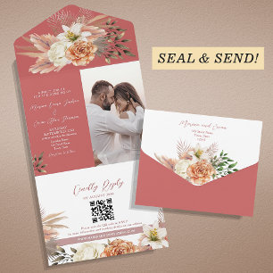 Boho Floral Peach Wedding All In One Invitation