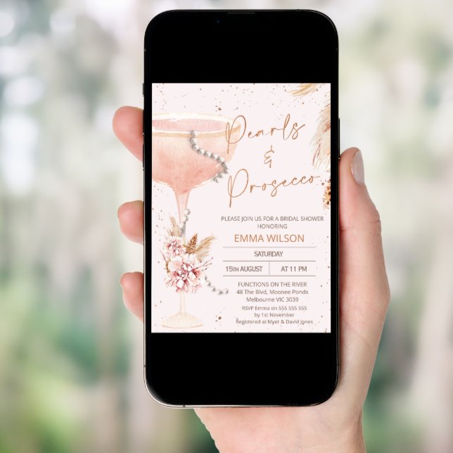 Boho Floral Pearls Prosecco Bridal Shower Invitation (Front Digital)