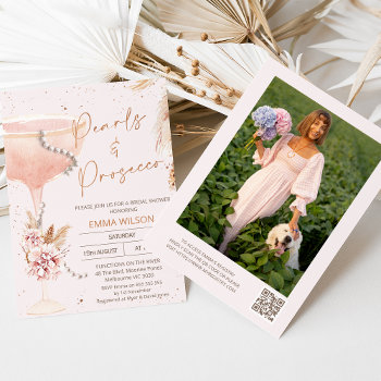 Boho Floral Pearls Prosecco Qr Code Bridal Shower Invitation by figtreedesign at Zazzle