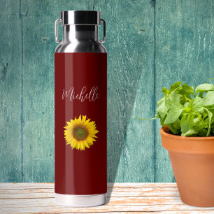 Boho Floral Peeking Sunflower Red Water Bottle