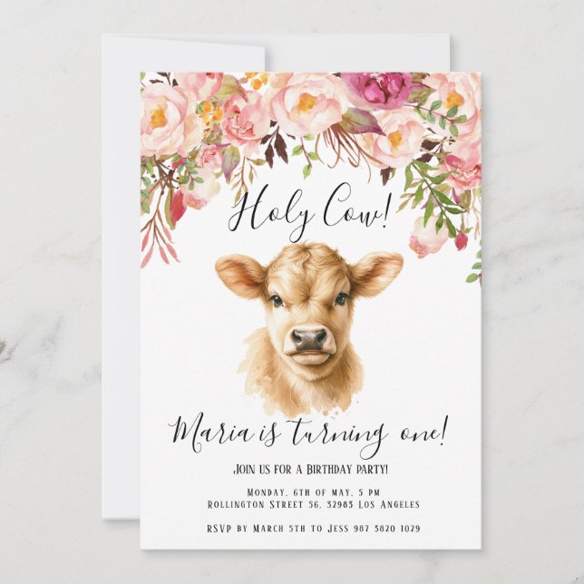 Boho Floral Peony Highland Cow Kids Birthday  Invitation (Front)