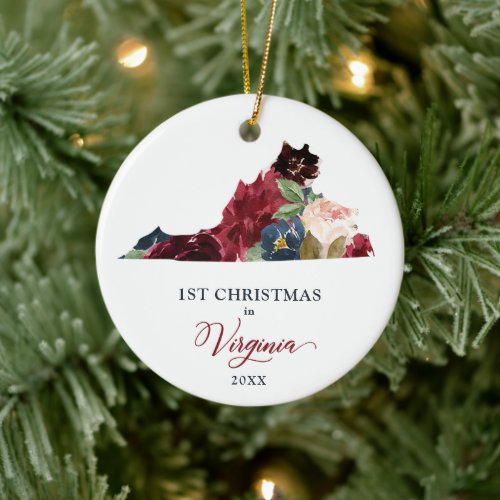 Boho Floral Personalized 1st Christmas in Virginia Ceramic Ornament