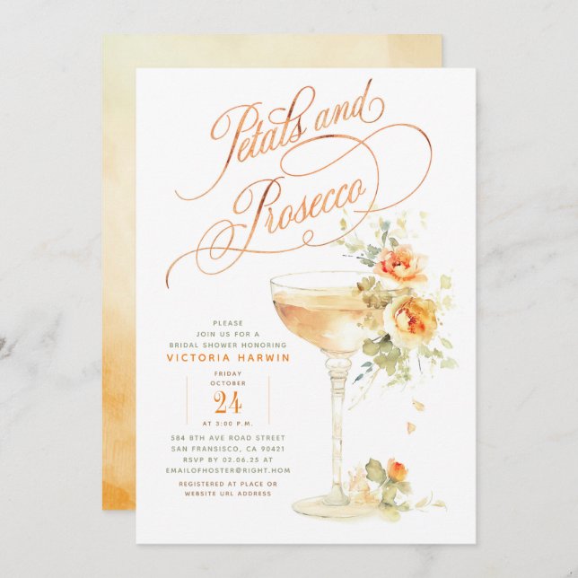 Boho Floral Petals and Prosecco Bridal Shower Invitation (Front/Back)