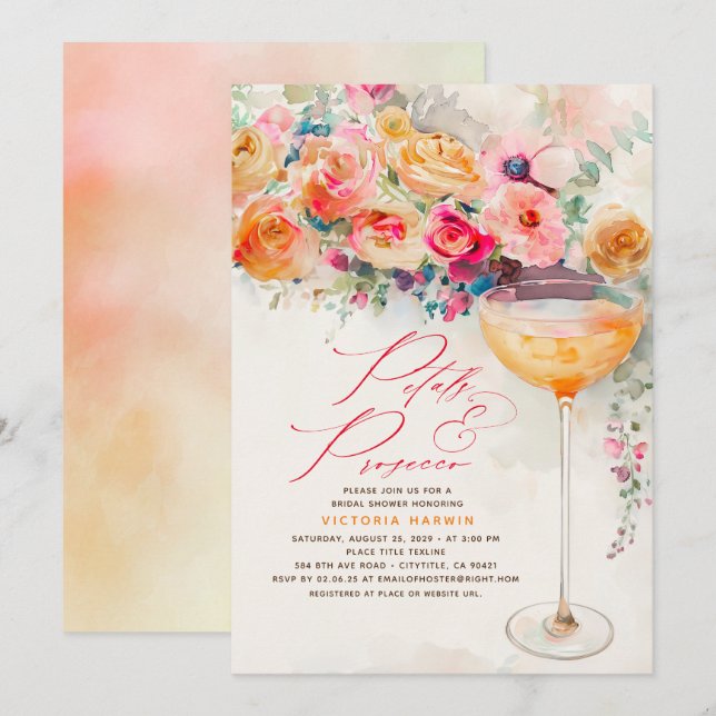 Boho Floral Petals and Prosecco Bridal Shower Invitation (Front/Back)