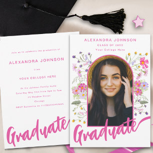 Boho Floral Photo Arch Pink Script Graduate Party Invitation