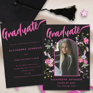 Boho Floral Photo Black and Pink Script Grad Party Invitation