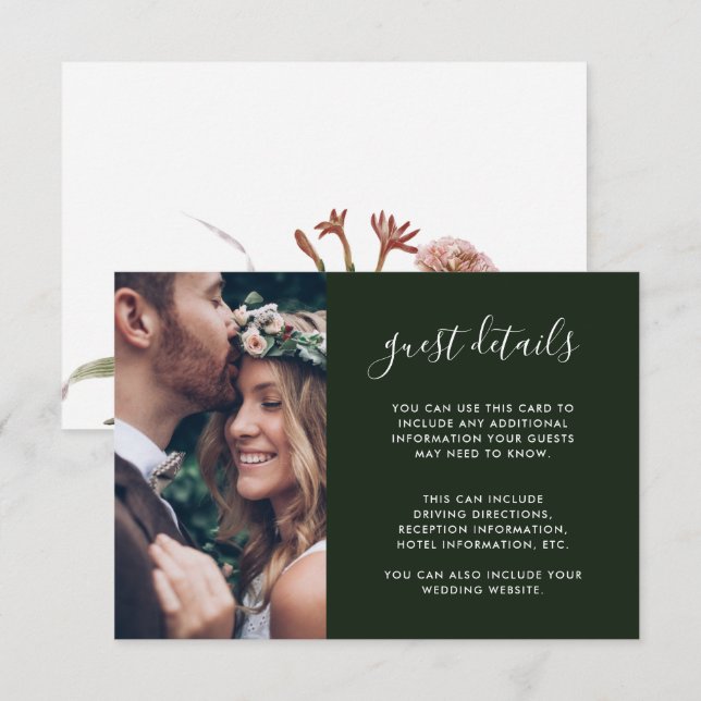 Boho Floral Photo Green Wedding Guest Details Enclosure Card (Front/Back)