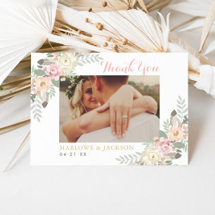 Boho Floral Photo Monogram Wedding Thank You Card