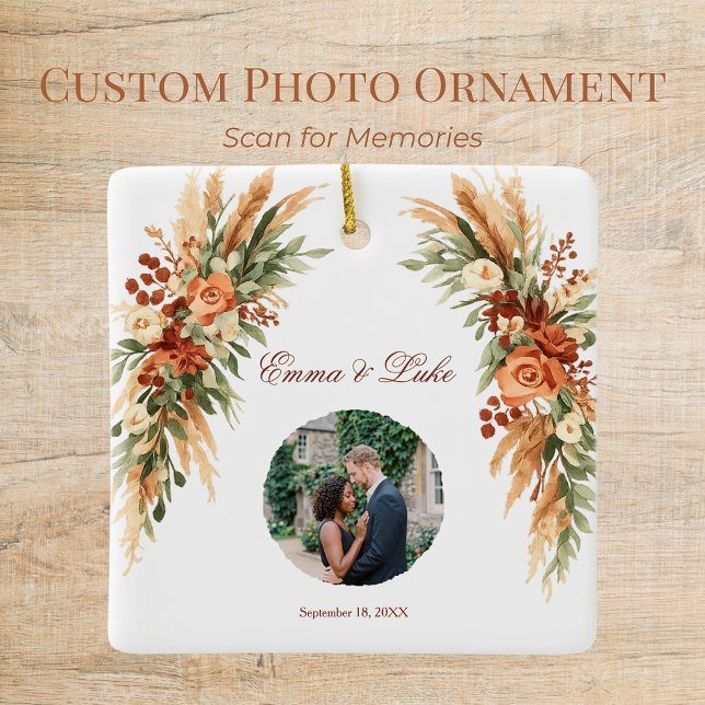 Boho Floral Photo QR Code Ornament | Personalized (Personalized photo ornament with boho florals, custom text, and scannable QR code keepsake.)