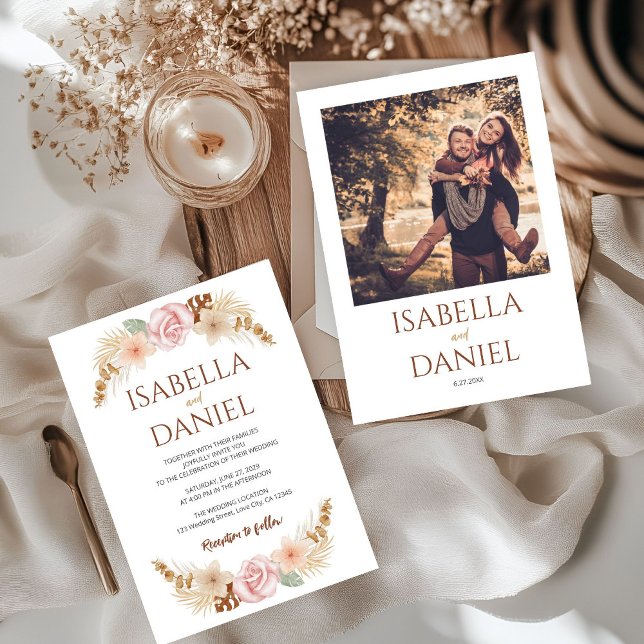 Boho Floral Photo Rustic Bohemian Elegant Wedding Invitation (Creator Uploaded)