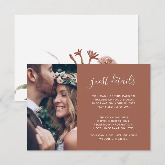 Boho Floral Photo Terracotta Wedding Guest Details Enclosure Card (Front/Back)