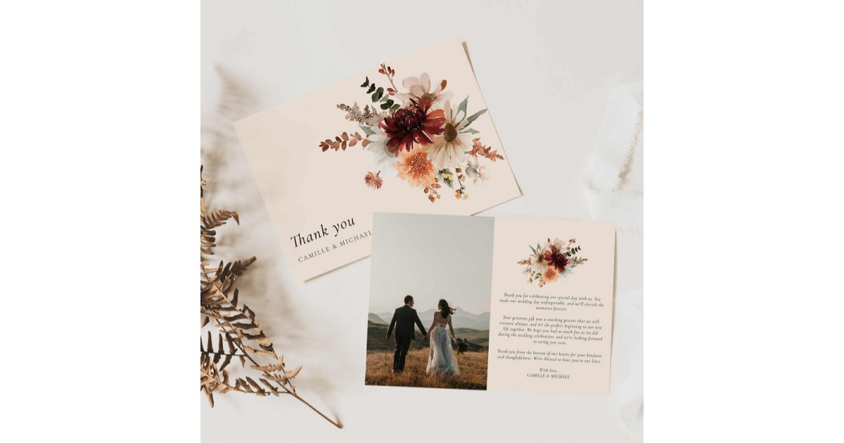 Boho Floral Photo Wedding Thank you Card | Zazzle