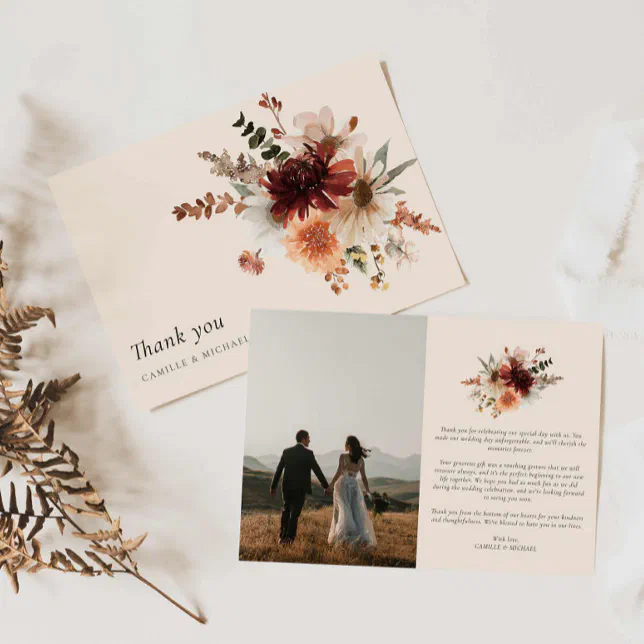 Boho Floral Photo Wedding Thank you Card | Zazzle