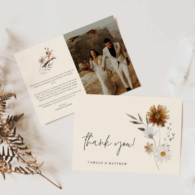 Boho Floral Photo Wedding Thank you Card (Elegant Boho Photo Wedding Thank you card)