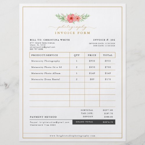 Boho Floral Photography Business Invoice Form Flyer
