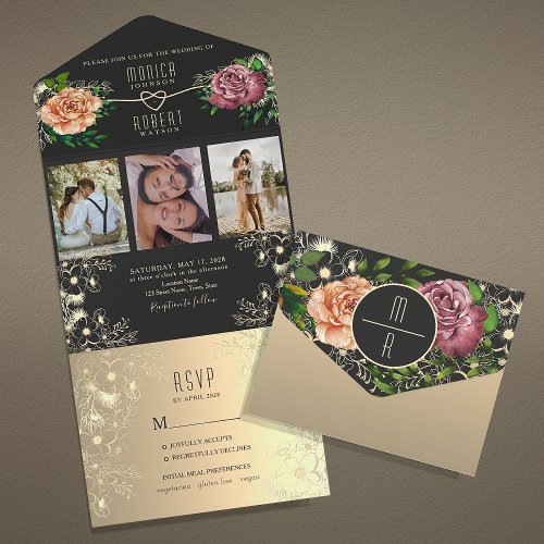 Boho Floral Pink and Black Wedding All In One Invitation