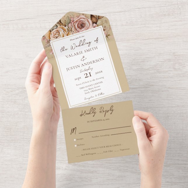 Boho Floral Pink Beige Wedding All In One Invitation (Tearaway)