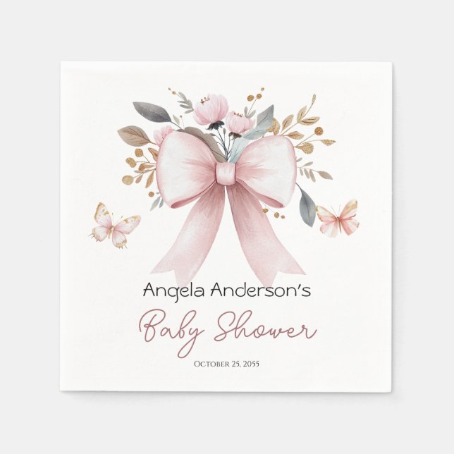 Boho Floral Pink Bow Girl Baby Shower Napkins (Front)