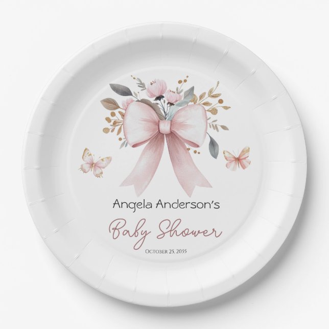 Boho Floral Pink Bow Girl Baby Shower Paper Plates (Front)