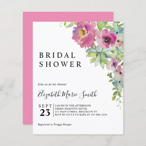 Boho Floral Pink Budget Bridal Shower Invitation