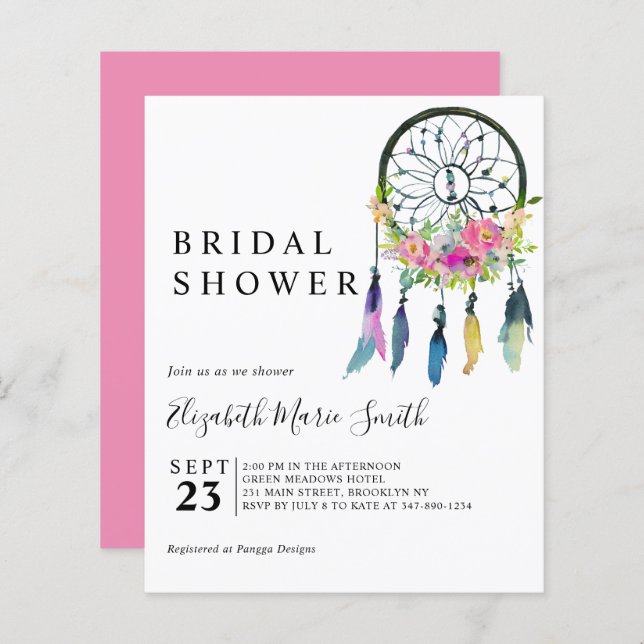 Boho Floral Pink Budget Bridal Shower Invitation (Front/Back)