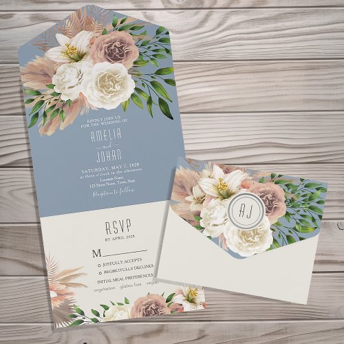 Boho Floral Pink Dusty Blue Wedding All In One Invitation