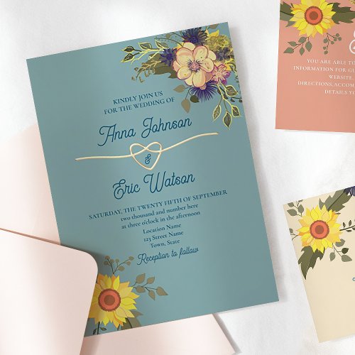 Boho Floral Pink Dusty Blue Wedding Invitation