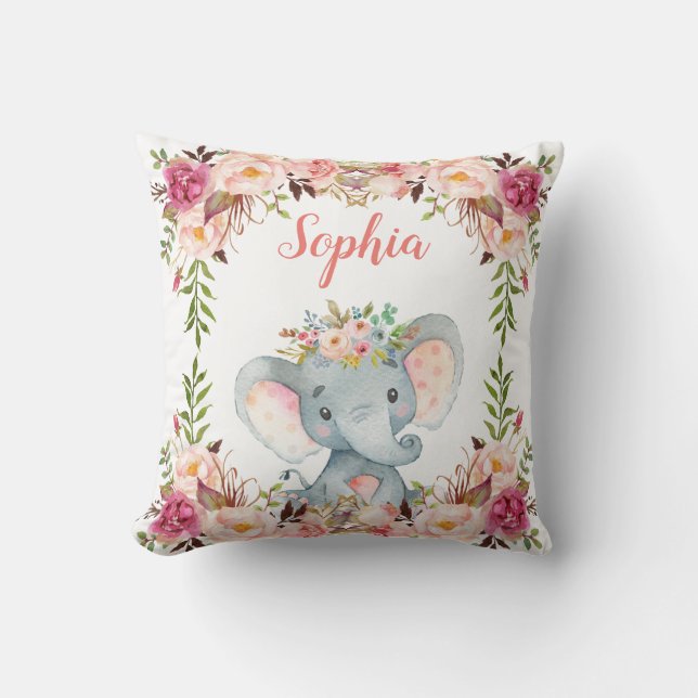 Boho Floral Pink Elephant Girl Baby Nursery Throw Pillow (Front)