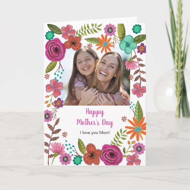 Boho floral pink girly mothers day drawing card (Front)