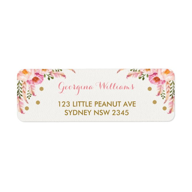 Boho Floral Pink Gold Baby Shower Address Label (Front)