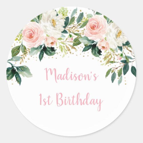 Boho Floral Pink Gold Birthday Classic Round Sticker