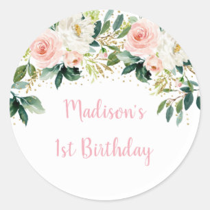 Boho Floral Pink Gold Birthday Classic Round Sticker