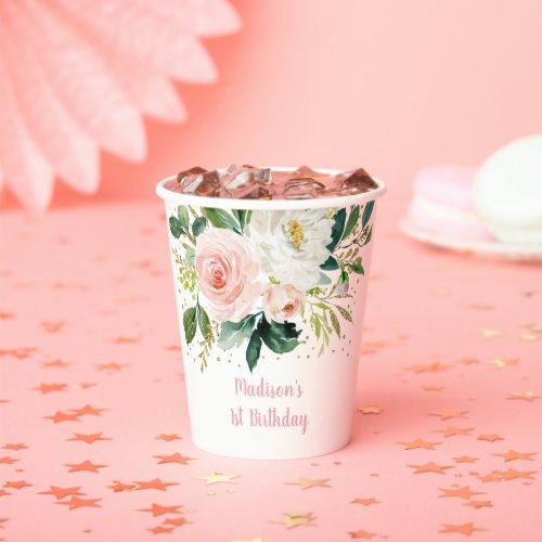 Boho Floral Pink Gold Birthday Paper Cups