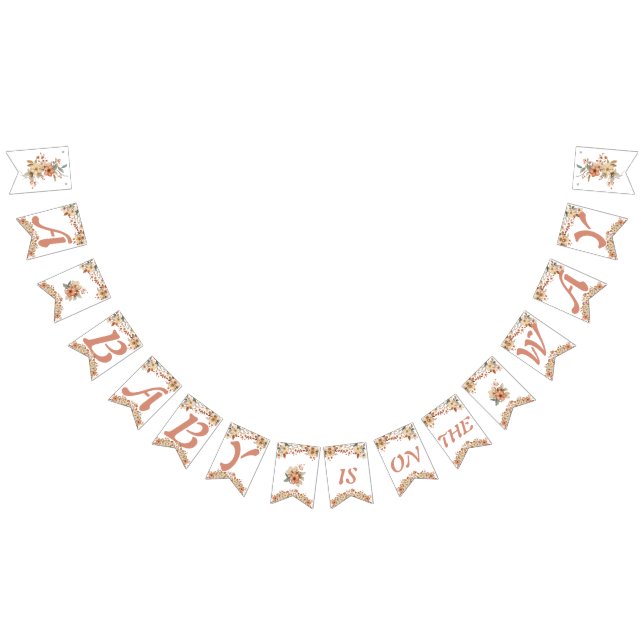 Boho Floral Pink Letters on White Baby Shower Bunting Flags (All)