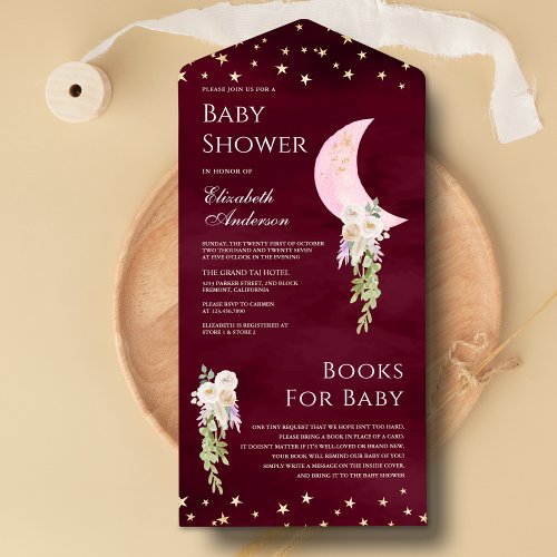 Boho Floral Pink Moon Burgundy Baby Shower All In One Invitation