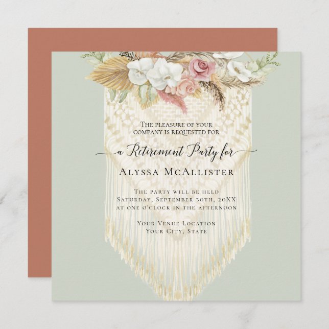 BOHO Floral Pink Pampas Grass Macrame Retirement Invitation (Front/Back)