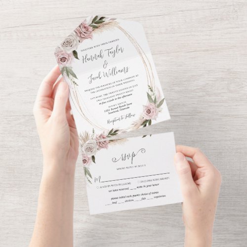 Boho Floral Pink Pampas Grass Wedding with RSVP All In One Invitation