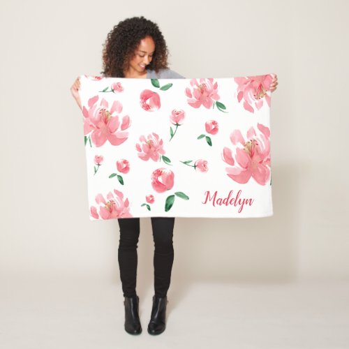 Boho floral pink peonies personalized name fleece blanket