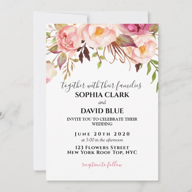 Boho Floral Pink Rustic Roses Modern Wedding Invitation (Front)