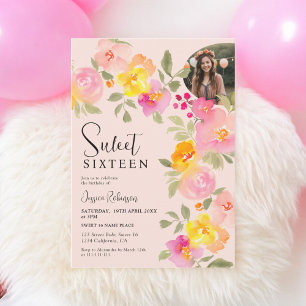 Boho Floral Pink Watercolor Script Photo Sweet 16 Invitation
