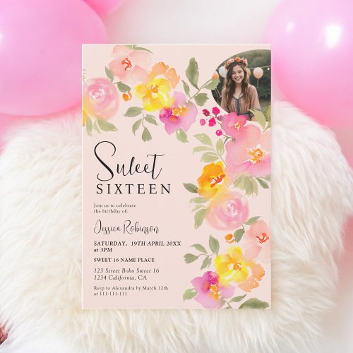 Boho Floral Pink Watercolor Script Photo Sweet 16  Invitation