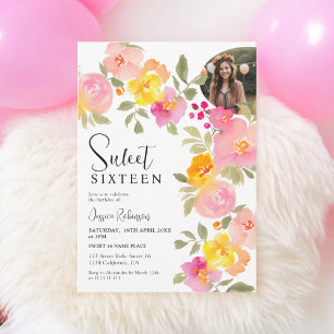 Boho Floral Pink Watercolor Script Photo Sweet 16 Invitation
