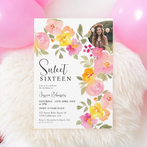 Boho Floral Pink Watercolor Script Photo Sweet 16  Invitation