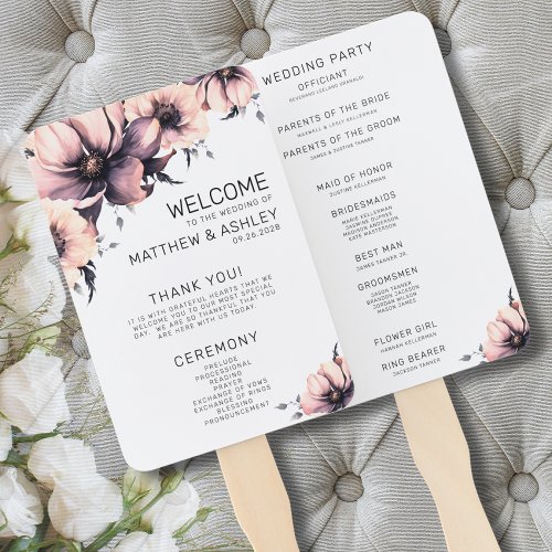 Boho Floral Pink Wedding Ceremony Program Hand Fan