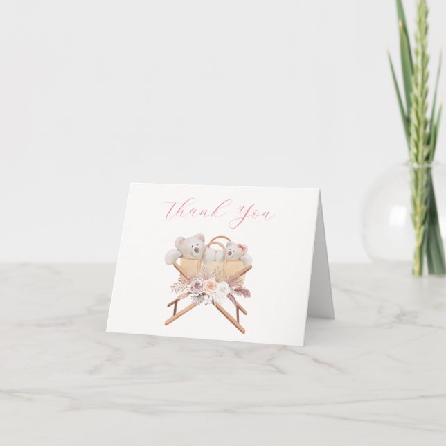 Boho Floral Polar Bear Bassinet Baby Shower Thank You Card (Front)