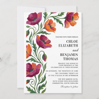 Boho Floral Poppy Hand Painted Wedding  Invitation
