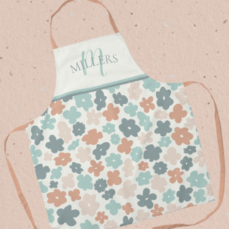 Boho Floral Print Monogram Family Name Apron