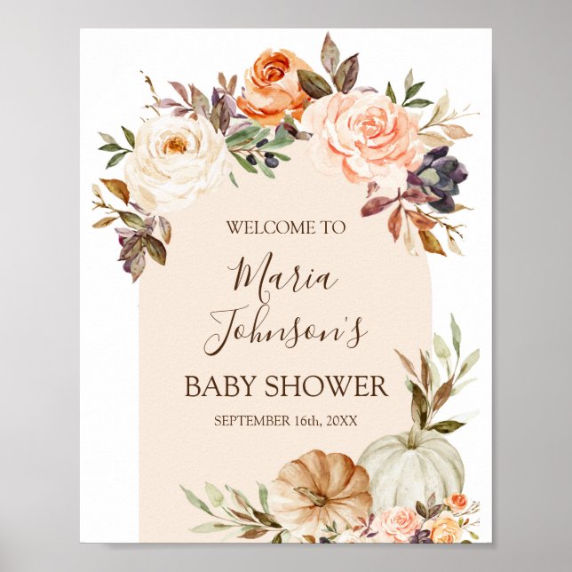Boho Floral Pumpkin Baby Shower Girl Welcome Sign (Front)