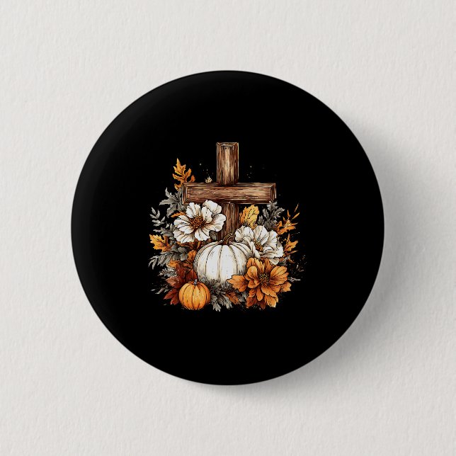 Boho Floral Pumpkin Cross Fall Jesus Christian Tha Button (Front)