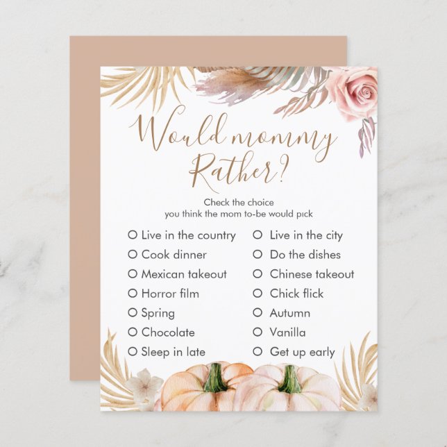 Boho Floral Pumpkin Fall Baby Shower Custom Game (Front/Back)